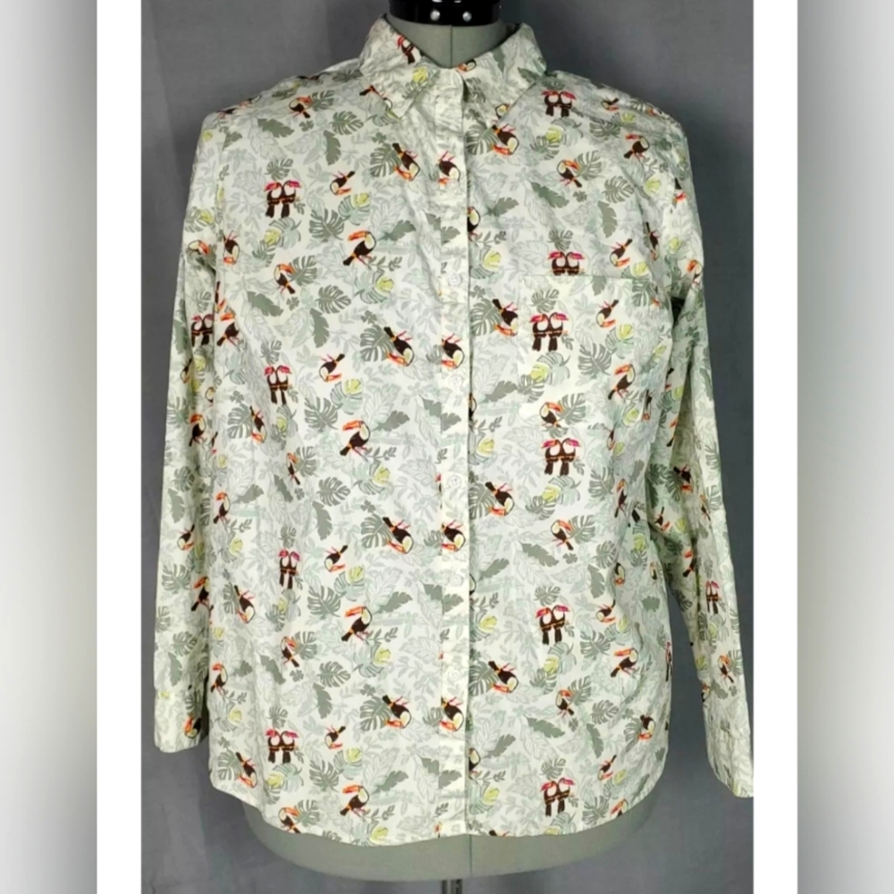 Ladies Croft & Barrow Top Parrots Exotic Bird Novelty Print Blouse Button 2XL
